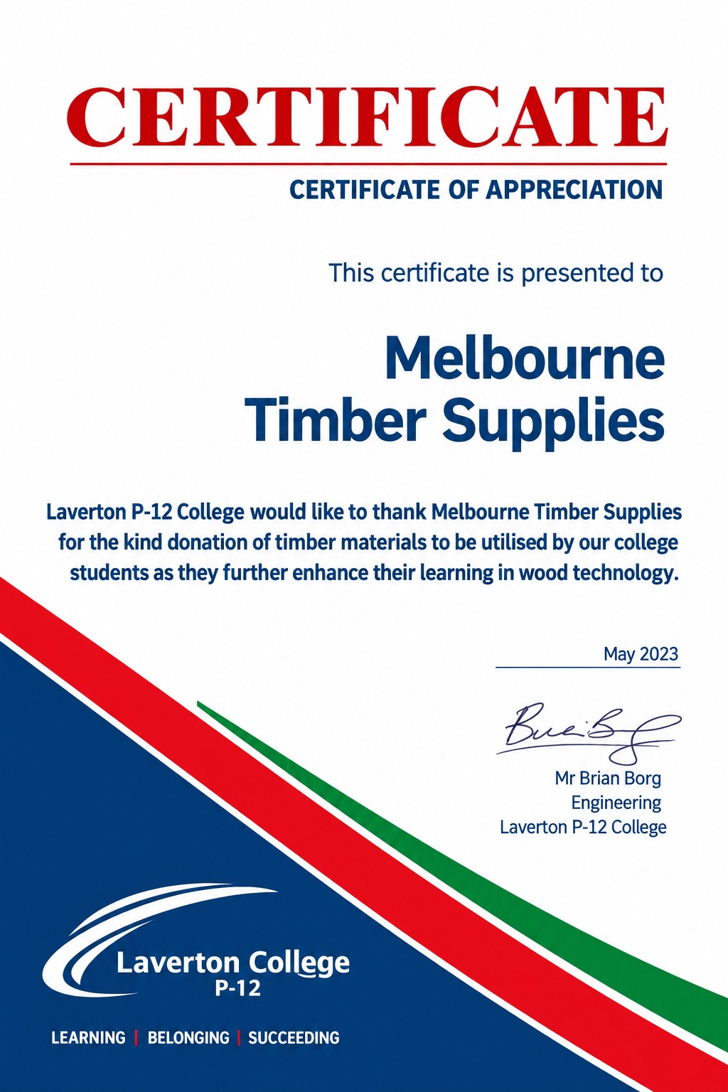 Melbourne Timber Supplies supporting Laverton P-12 College